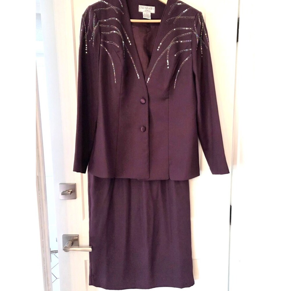 1990's Vintage Plum Skirt Suit Beaded Blazer Mob Wife Officecore Minimalist Glam